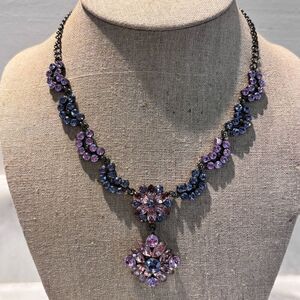 Vintage SNK Sparkly Crystal Drop Pendant Costume Statement Necklace Signed Blue